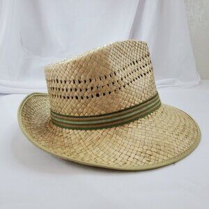 1970's Handwoven Straw Pinch Hat With Green Ribbon Metal Buckle Mens size Small